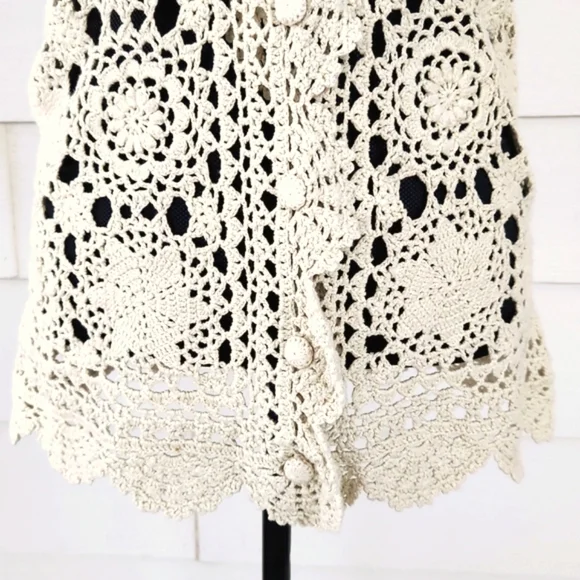 VTG Crochet Lace Ecru Beige Cream COLOUR EIGHTEEN Long Tunic Vest Mini Dress (M) - Picture 7 of 11